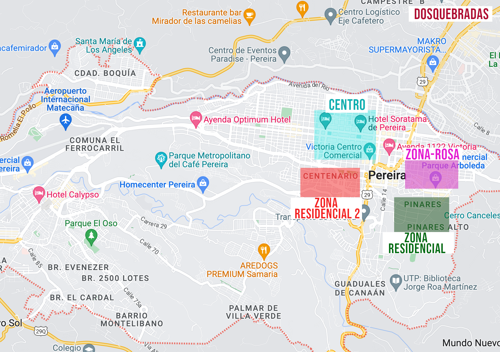 Map: Lodging areas in Pereira
