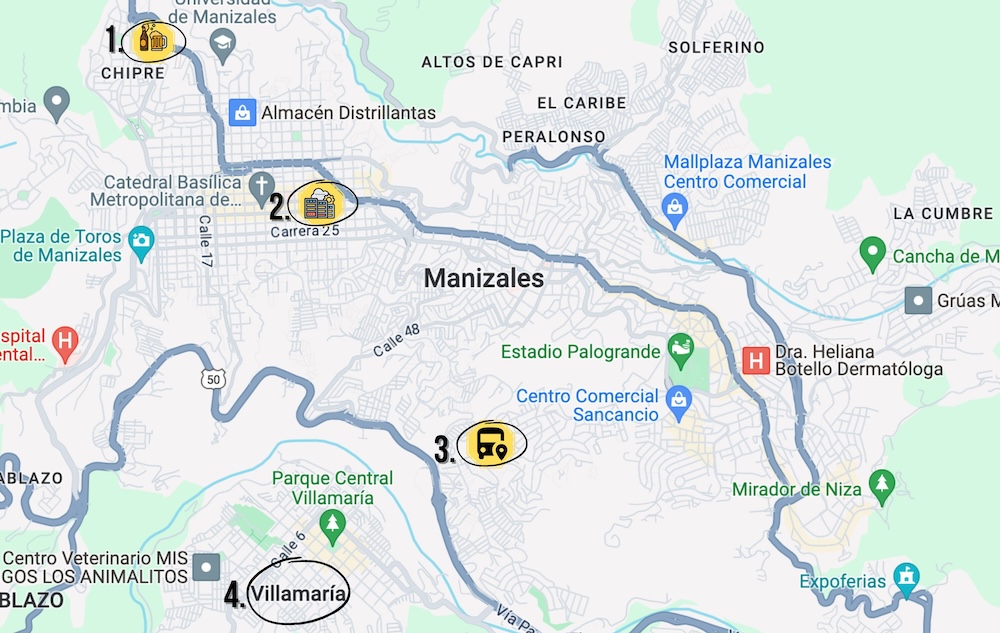 Mapa: zonas de hospedajes en Manizales