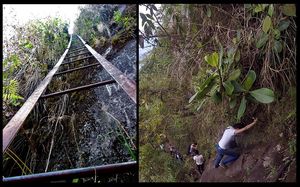 Escaleras y escalada con la ayuda de pines metálicos que hay en la roca