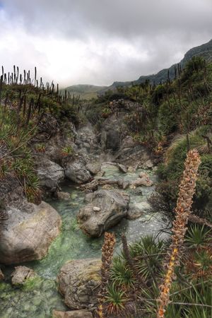 Cascada de aguas termales turquesas en los Termales El Sifón, Nevado del Ruiz